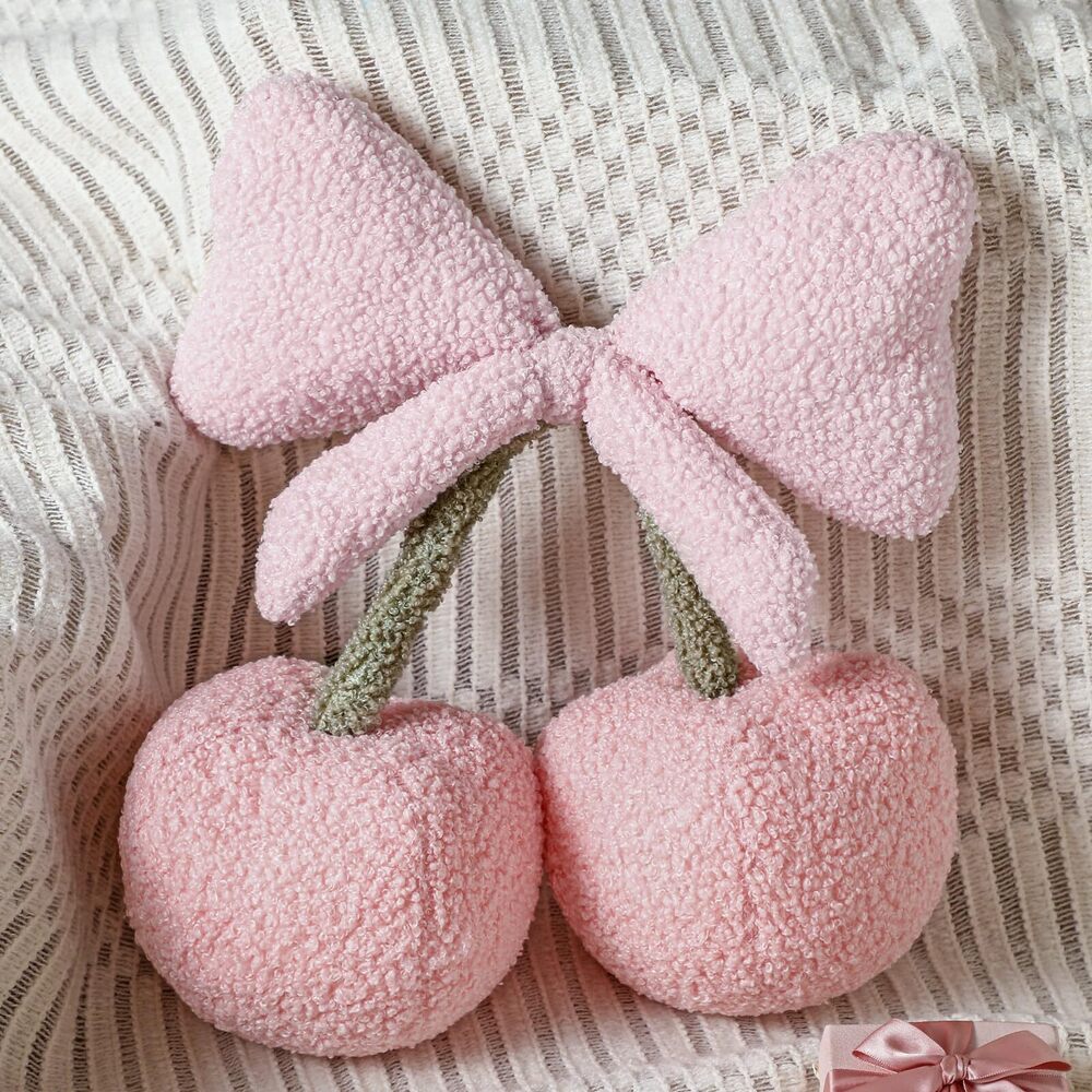 2284 Small Bow Cherry Throw Pillow Wool Cute Coquette Room Decor Decorative
